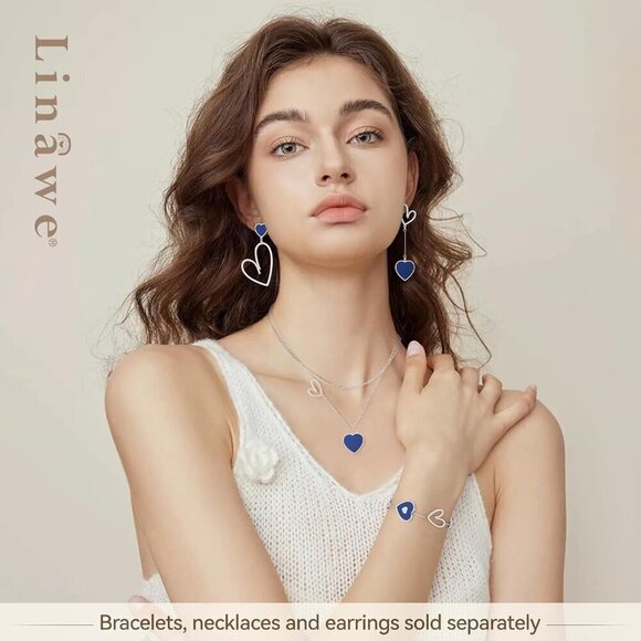 Women Silver Blue Linawe Stainless Steel Asymmetrical Heart Dangle Drop Earrings - Picture 4 of 7